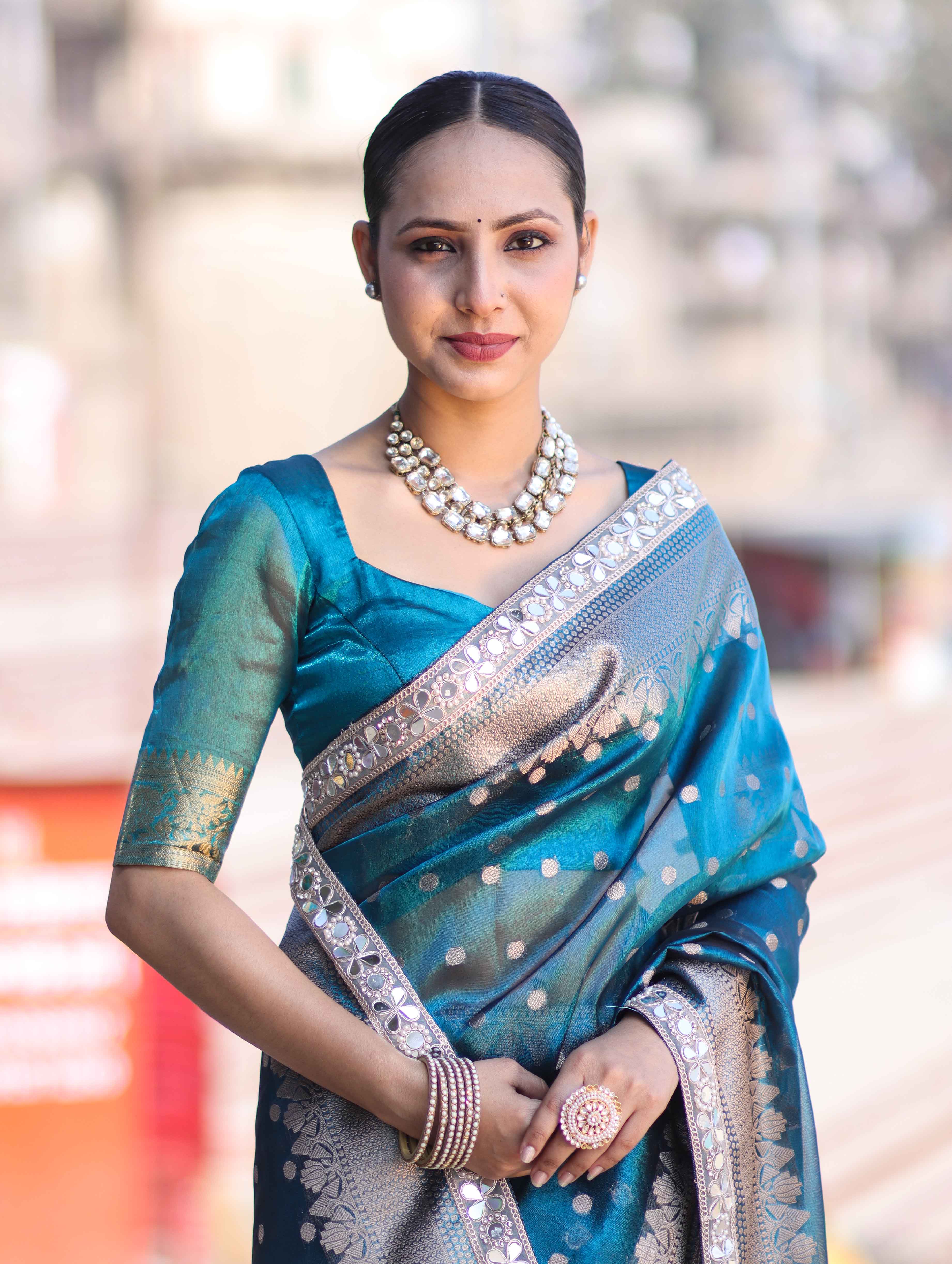 Banarasee Handloom Tissue Saree With Buti Design Zari Border & Lace-Teal Blue