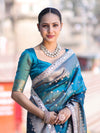 Banarasee Handloom Tissue Saree With Buti Design Zari Border & Lace-Teal Blue