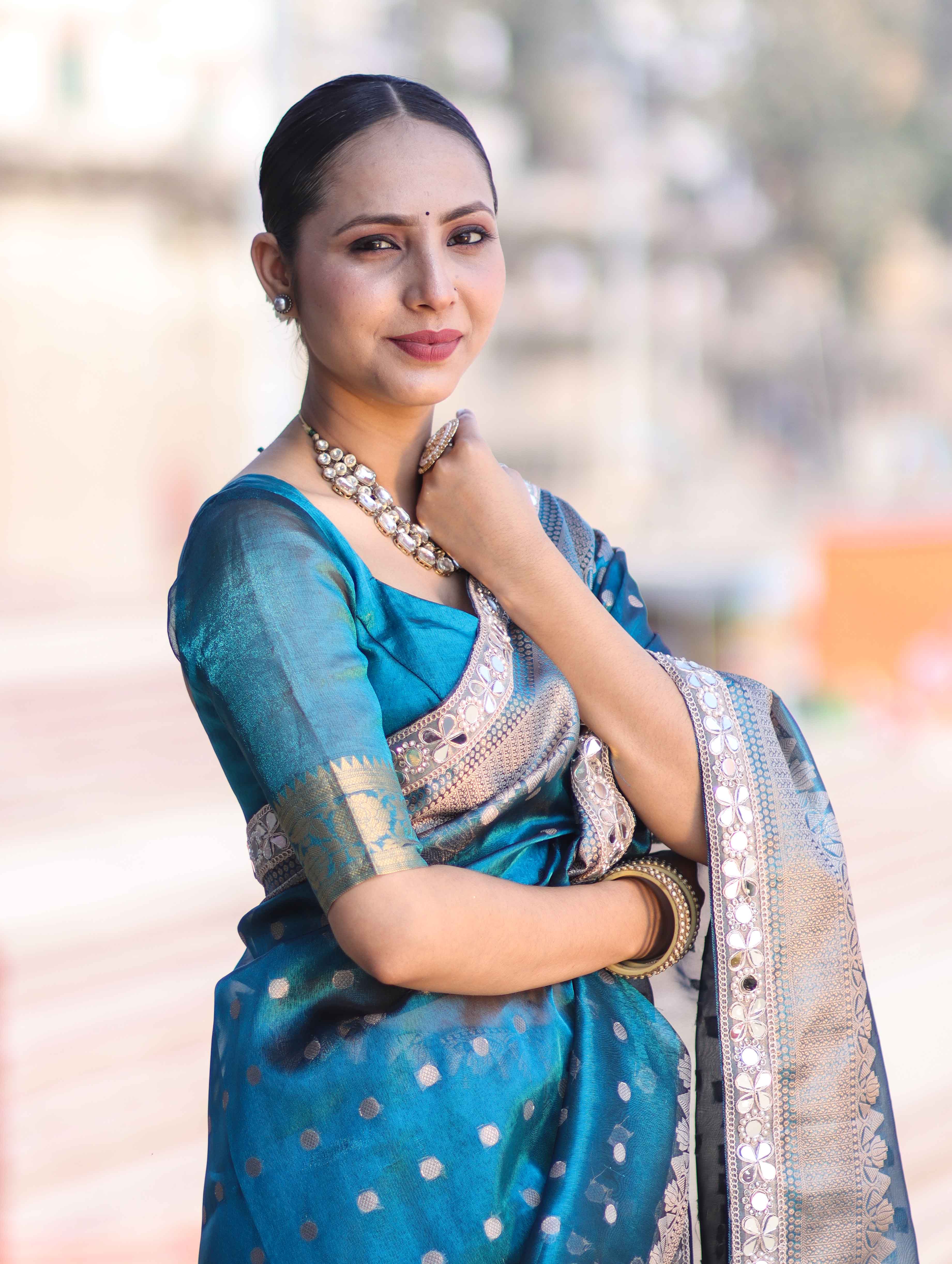 Banarasee Handloom Tissue Saree With Buti Design Zari Border & Lace-Teal Blue