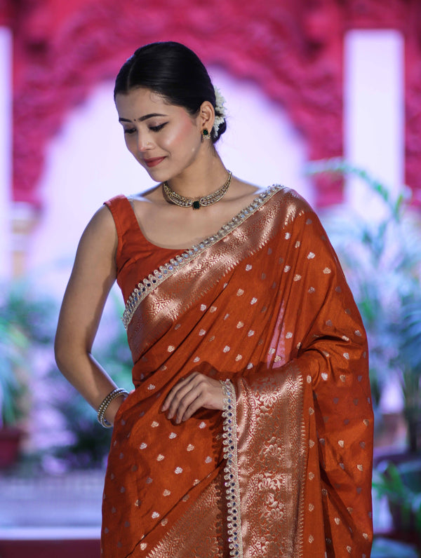 Banarasee Handloom Semi Silk Saree With Zari Buti Design & Lace Border-Rust