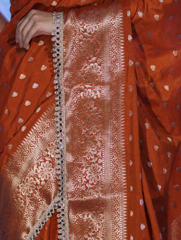 Banarasee Handloom Semi Silk Saree With Zari Buti Design & Lace Border-Rust