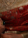Banarasee Handwoven Semi-Katan Tanchoi Weaving Floral Border Saree-Red & White