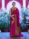Banarasee Handloom Cotton Silk Plain Saree With Antique Zari Border-Magenta
