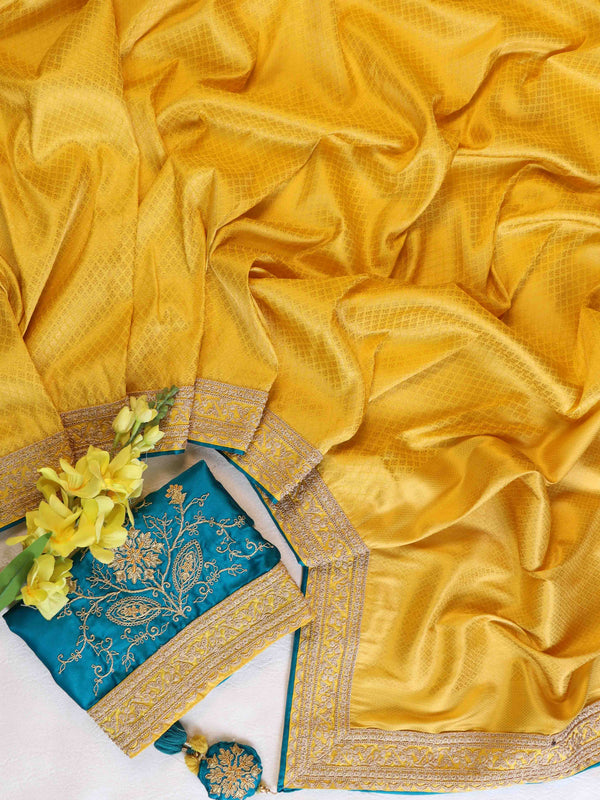 Banarasee Handwoven Semi-Katan Saree With Zari & Contrast Embroidered Blouse Saree-Yellow