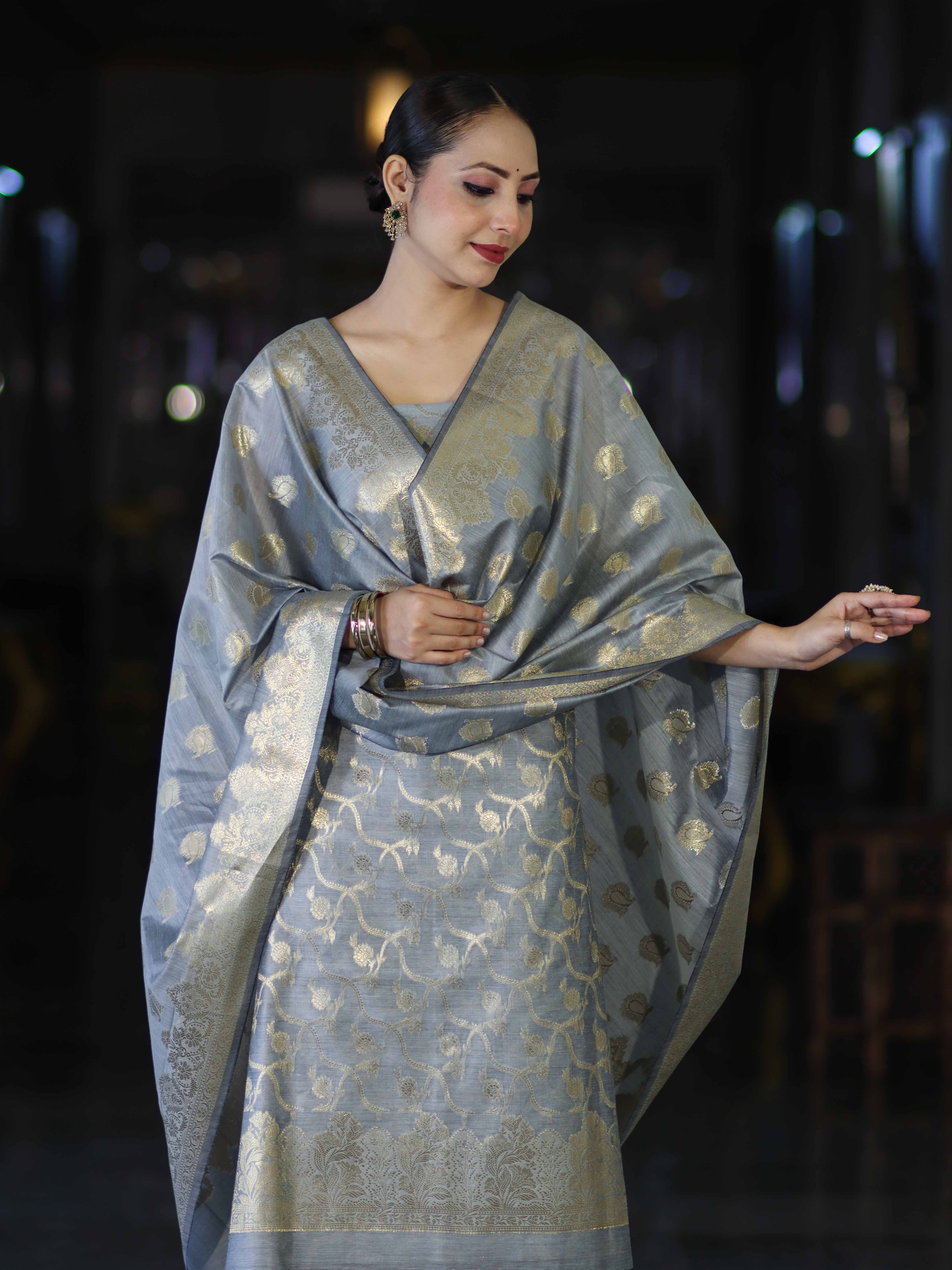 Banarasee Cotton Silk Zari Work Salwar Kameez Fabric With Dupatta Set-Grey
