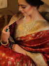 Banarasee Handwoven Semi-Katan Tanchoi Weaving Floral Border Saree-Red & White