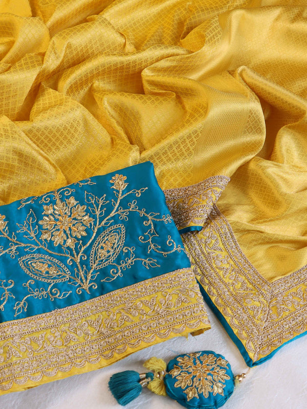 Banarasee Handwoven Semi-Katan Saree With Zari & Contrast Embroidered Blouse Saree-Yellow