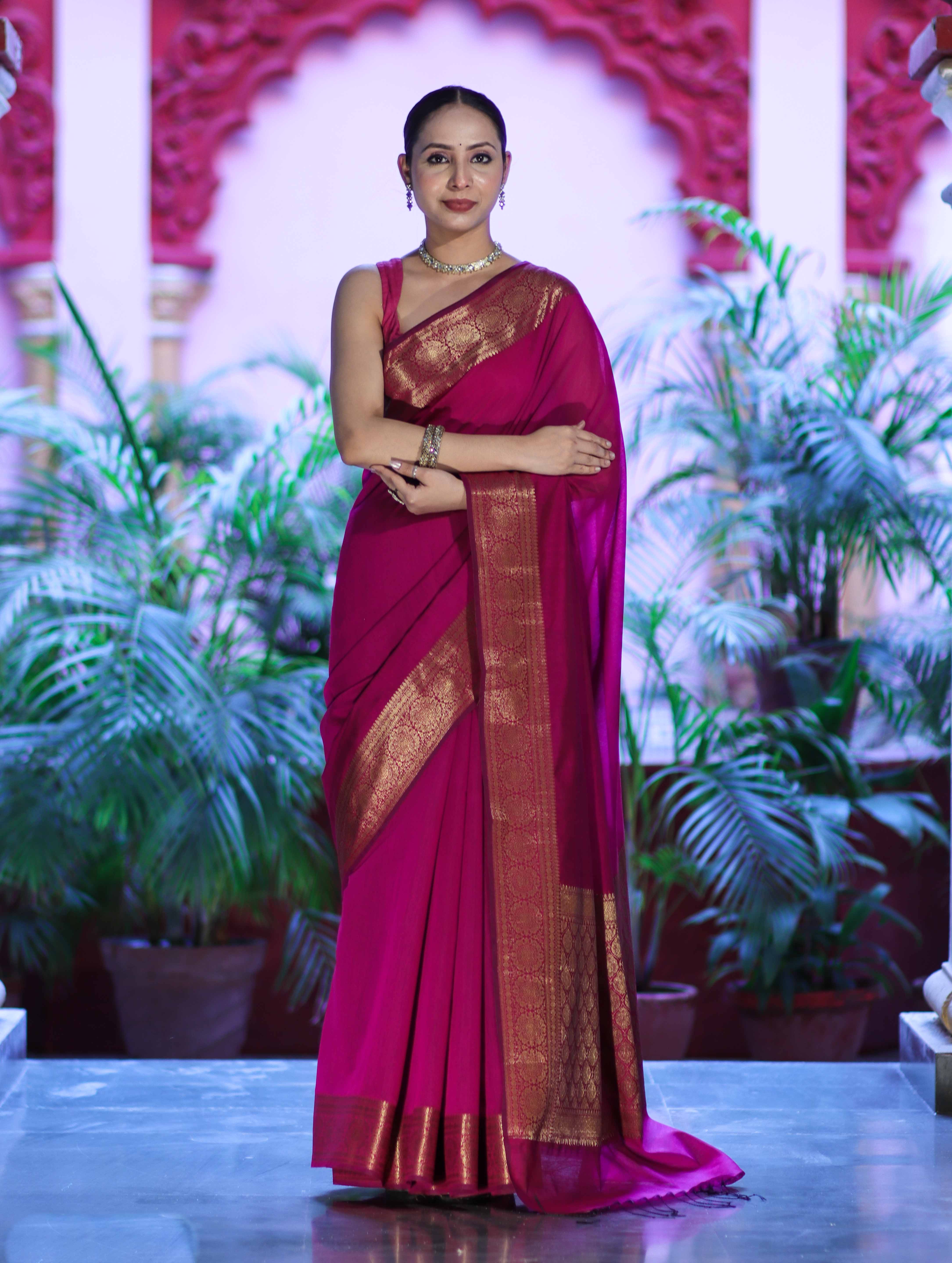 Banarasee Handloom Cotton Silk Plain Saree With Antique Zari Border-Magenta