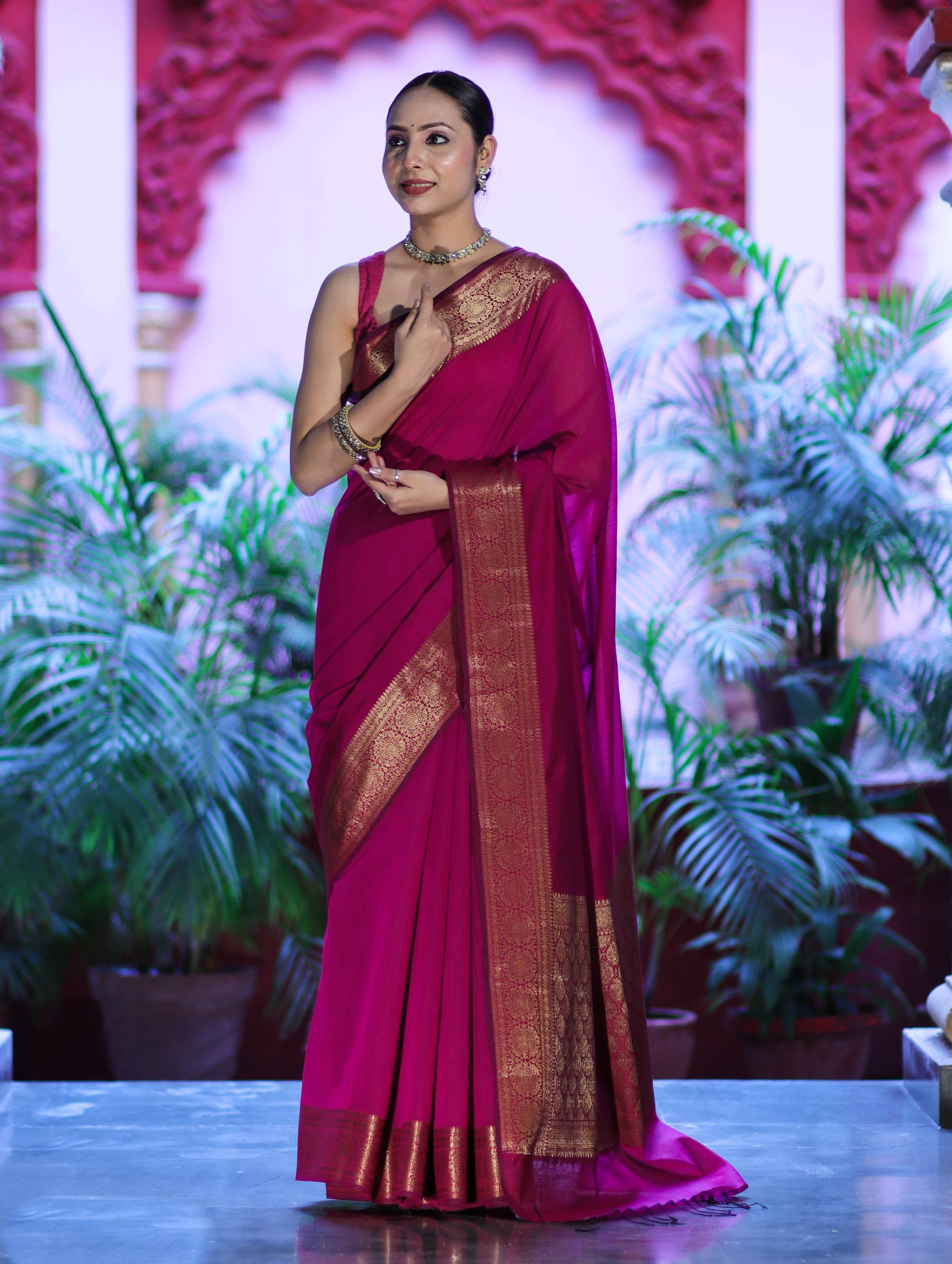 Banarasee Handloom Cotton Silk Plain Saree With Antique Zari Border-Magenta