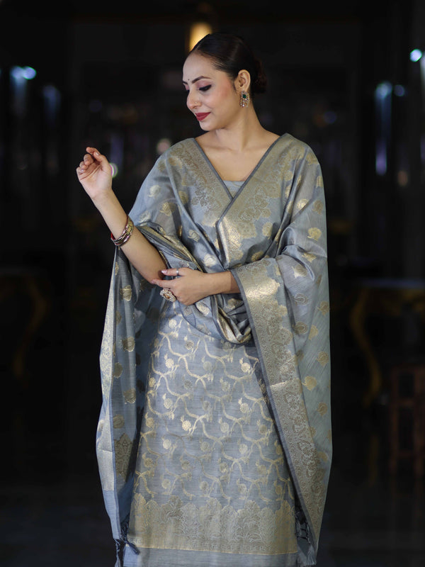 Banarasee Cotton Silk Zari Work Salwar Kameez Fabric With Dupatta Set-Grey