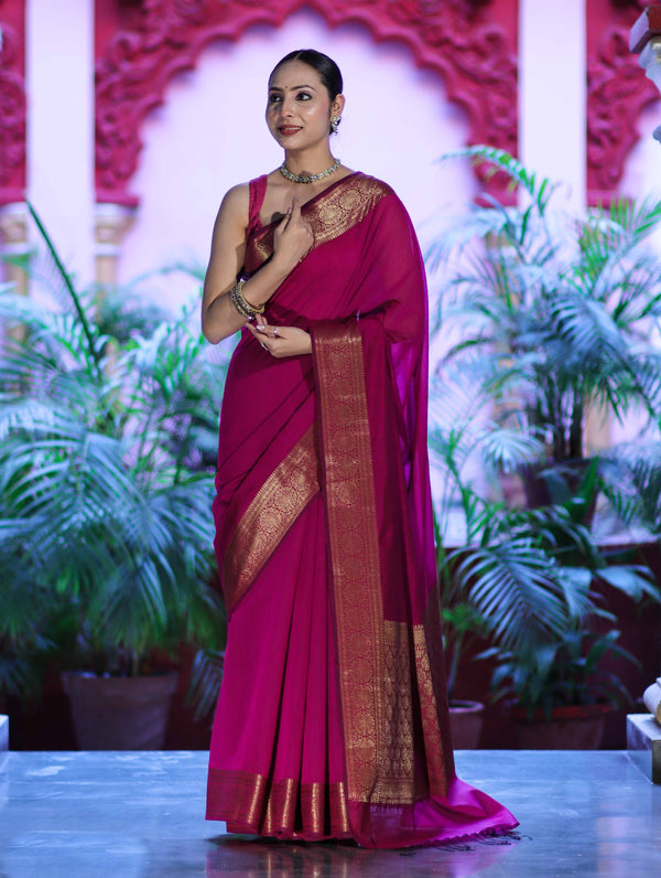 Banarasee Handloom Cotton Silk Plain Saree With Antique Zari Border-Magenta