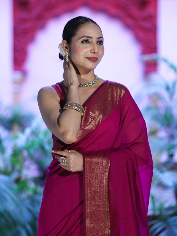 Banarasee Handloom Cotton Silk Plain Saree With Antique Zari Border-Magenta