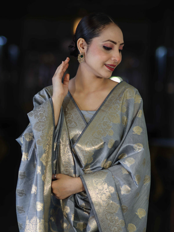 Banarasee Cotton Silk Zari Work Salwar Kameez Fabric With Dupatta Set-Grey
