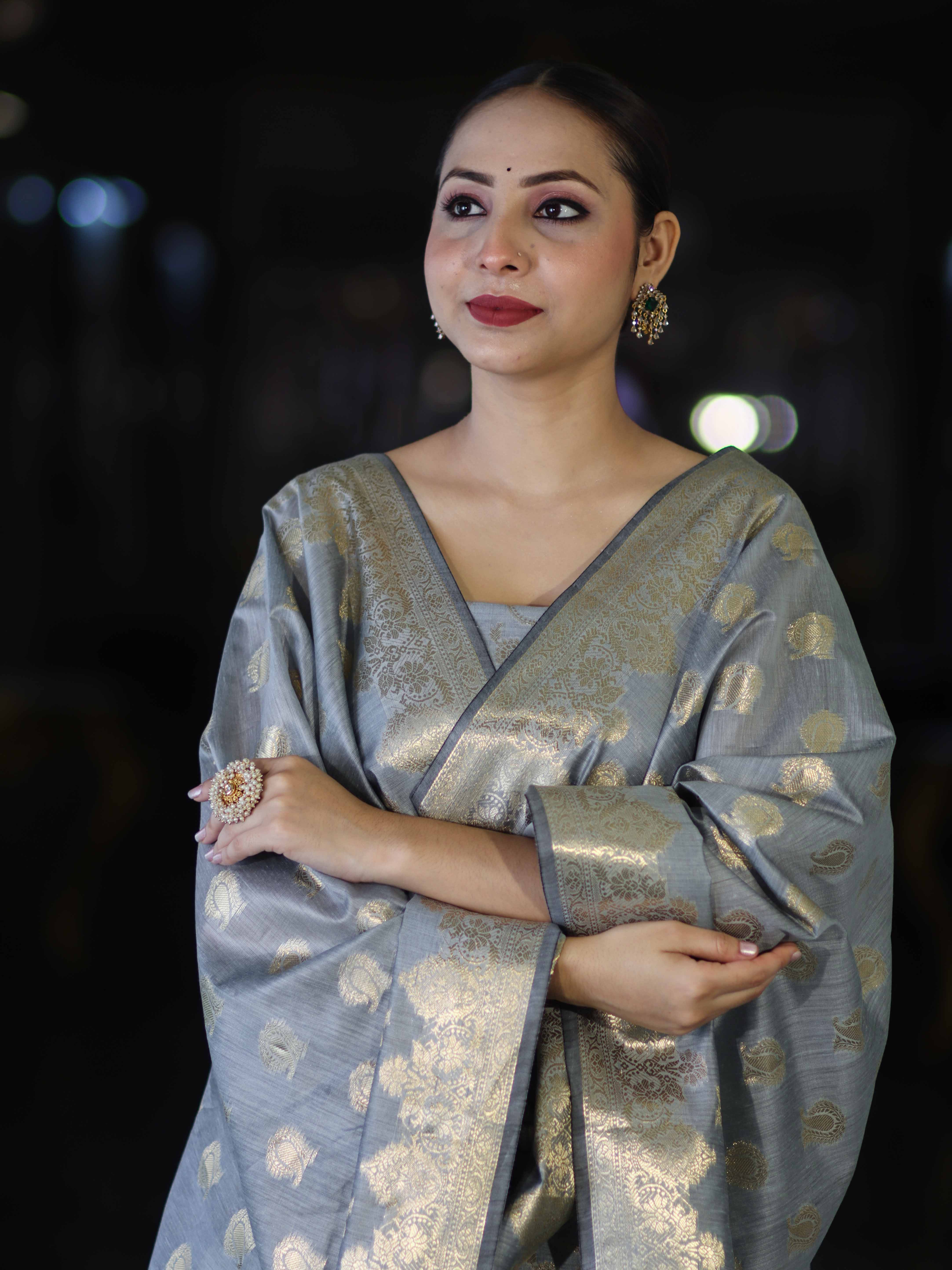 Banarasee Cotton Silk Zari Work Salwar Kameez Fabric With Dupatta Set-Grey