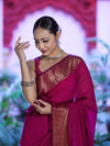 Banarasee Handloom Cotton Silk Plain Saree With Antique Zari Border-Magenta