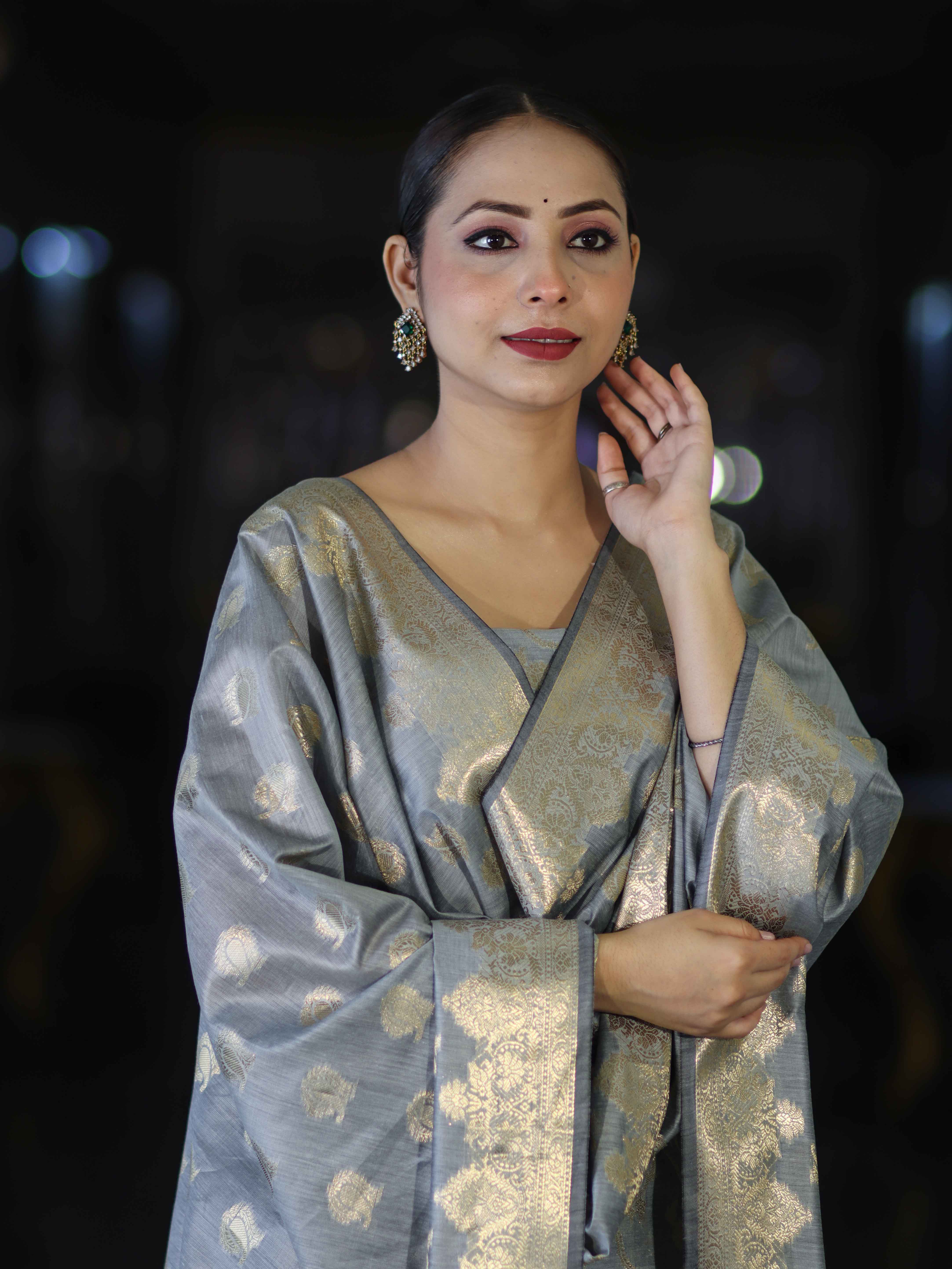 Banarasee Cotton Silk Zari Work Salwar Kameez Fabric With Dupatta Set-Grey