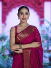 Banarasee Handloom Cotton Silk Plain Saree With Antique Zari Border-Magenta