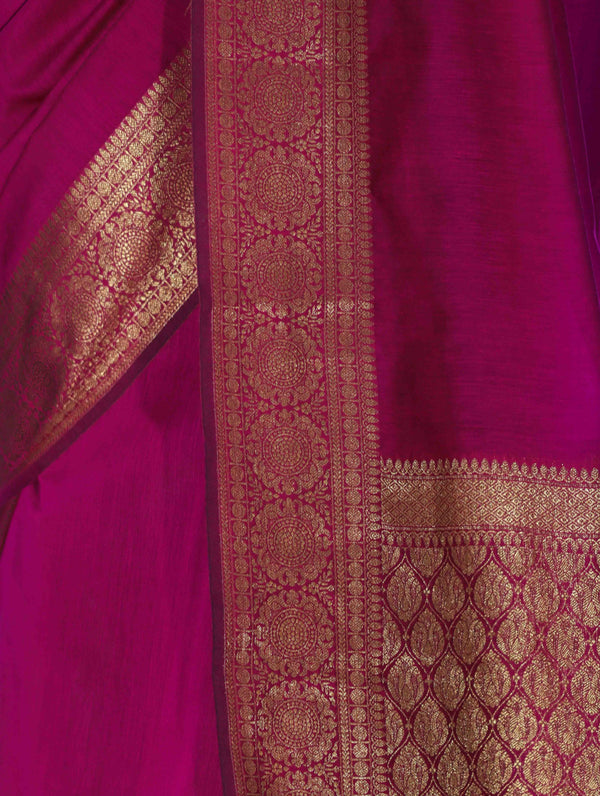 Banarasee Handloom Cotton Silk Plain Saree With Antique Zari Border-Magenta