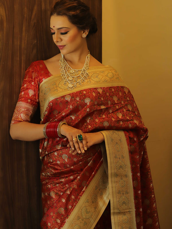 Banarasee Handwoven Semi-Katan Tanchoi Weaving Floral Border Saree-Red & White