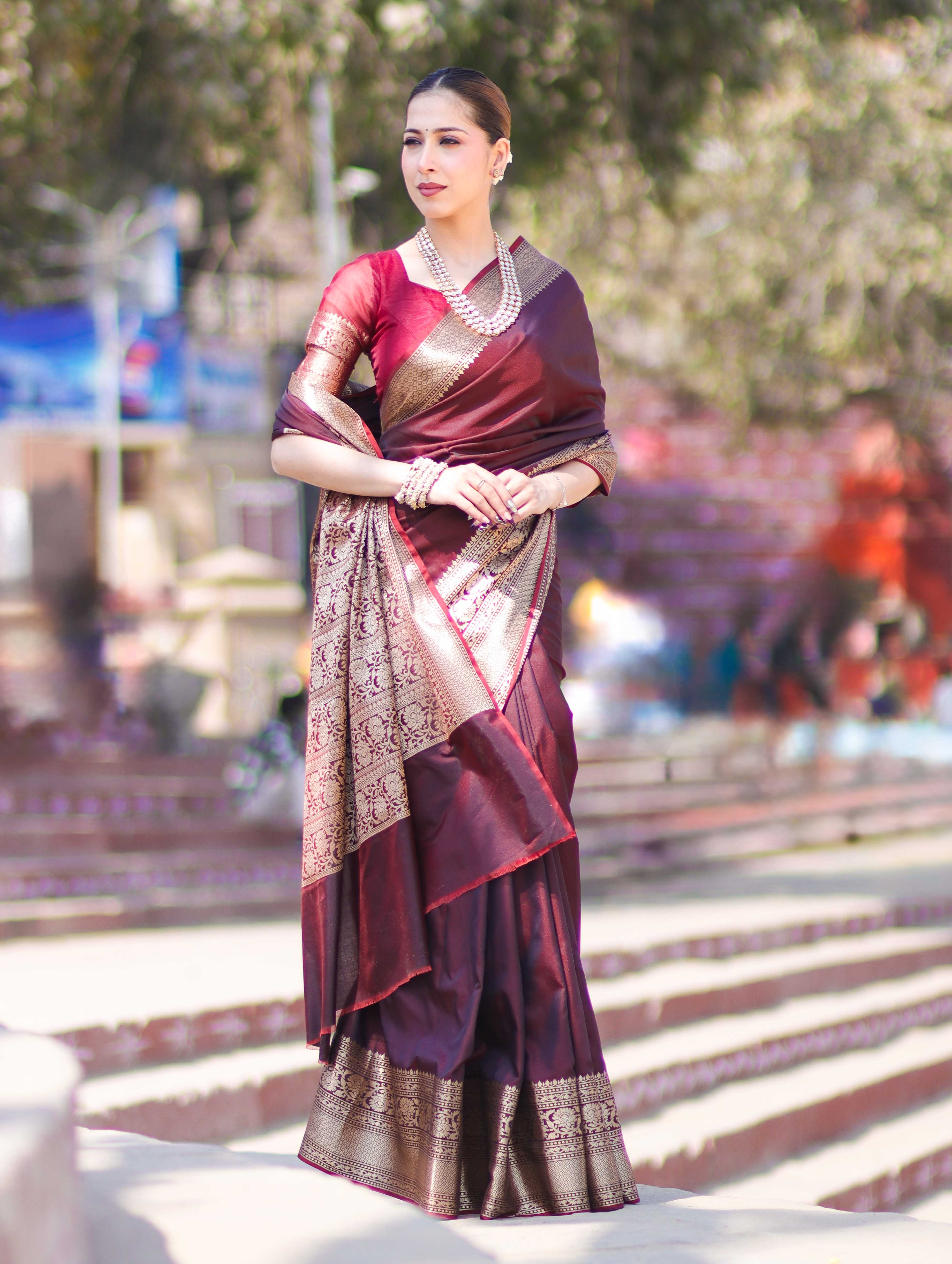 Banarasee Handloom Semi Silk Plain Saree With Broad Zari Border-Deep Maroon