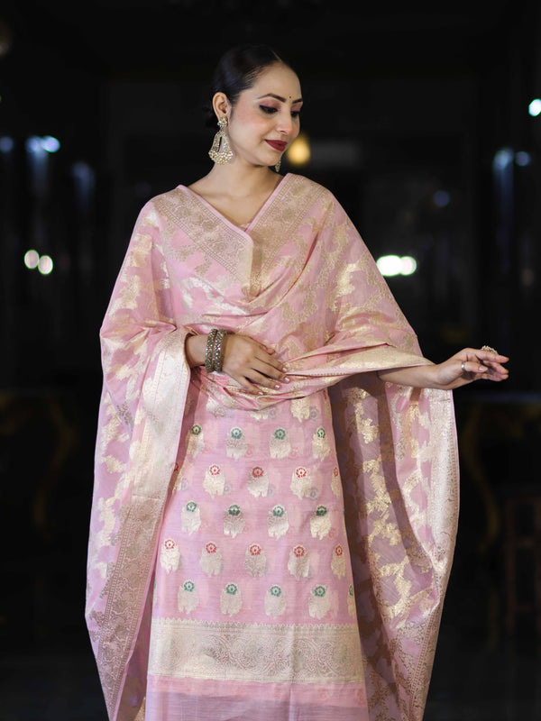 Banarasee Cotton Silk Zari Work Salwar Kameez Fabric With Jaal Design Dupatta Set-Light Pink
