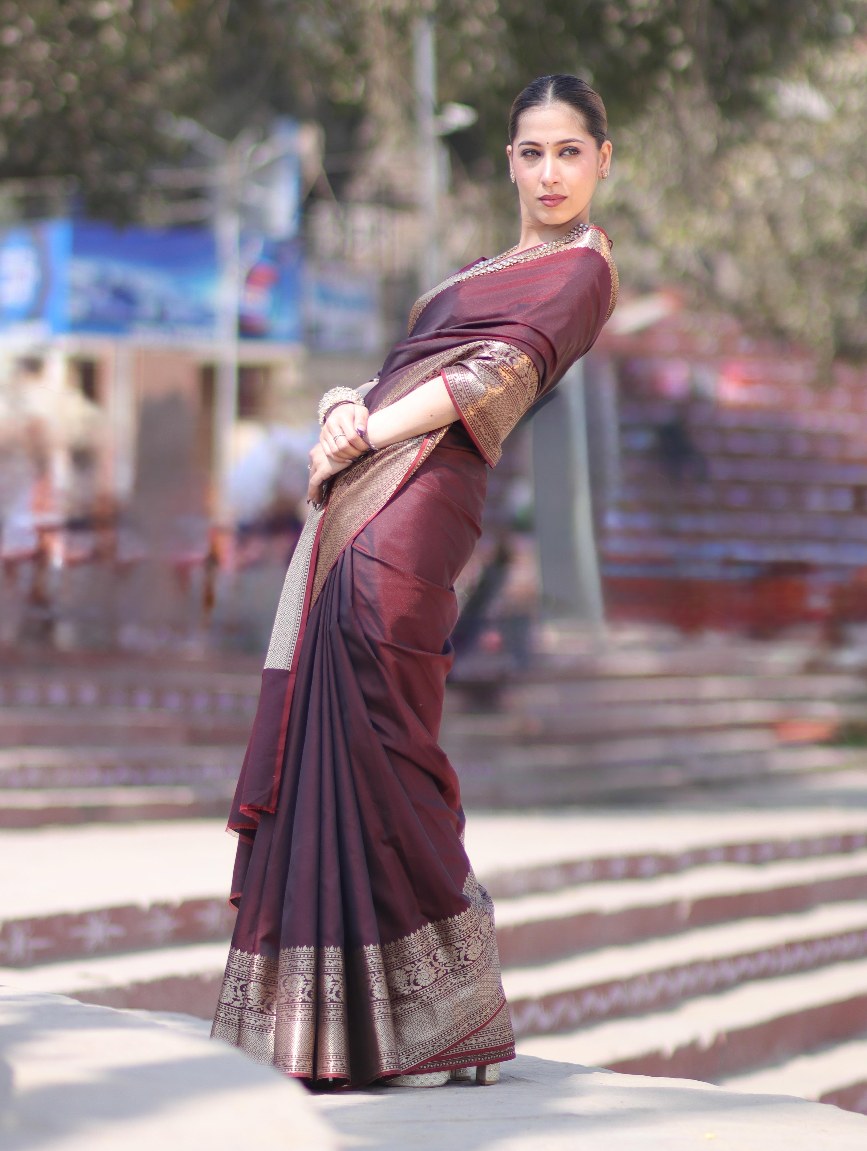 Banarasee Handloom Semi Silk Plain Saree With Broad Zari Border-Deep Maroon