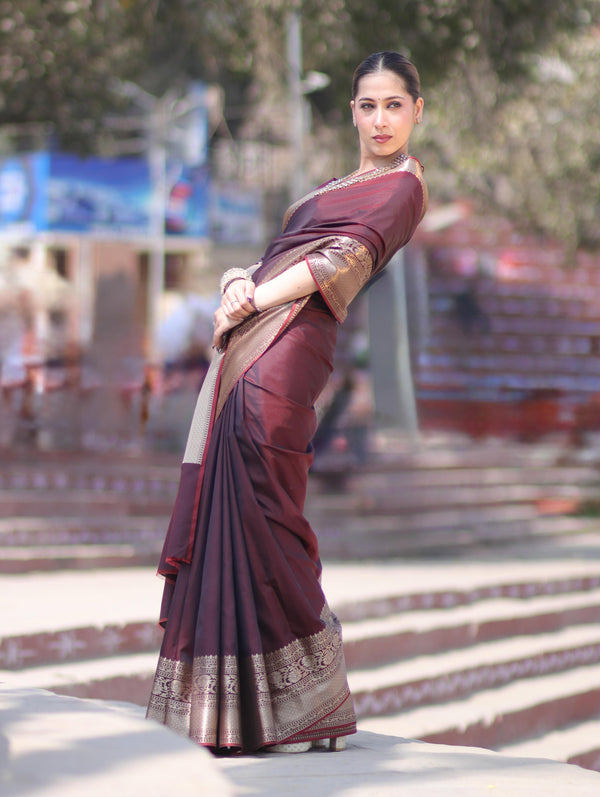 Banarasee Handloom Semi Silk Plain Saree With Broad Zari Border-Deep Maroon