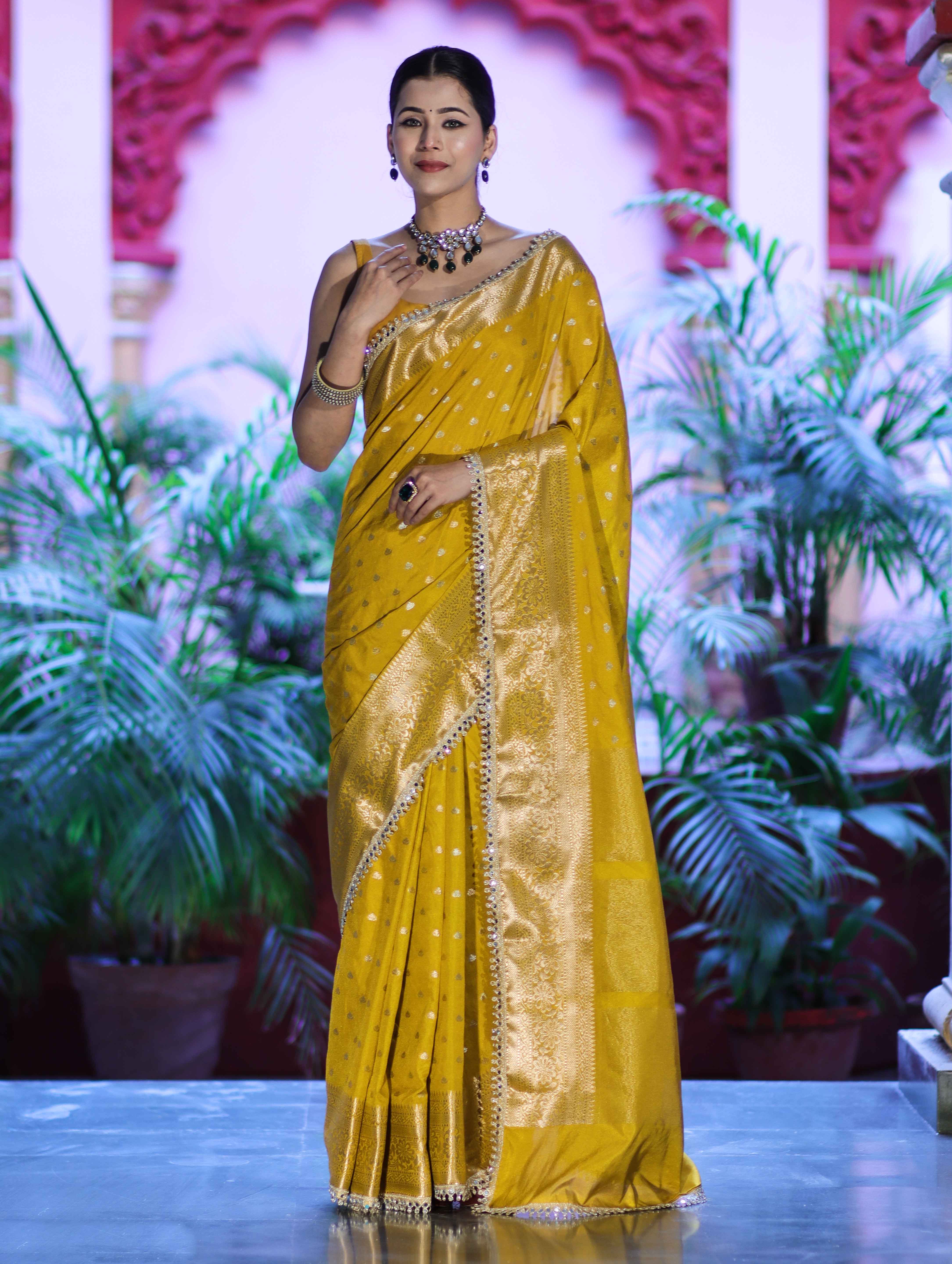 Banarasee Handloom Semi Silk Saree With Zari Buti Design & Lace Border-Yellow