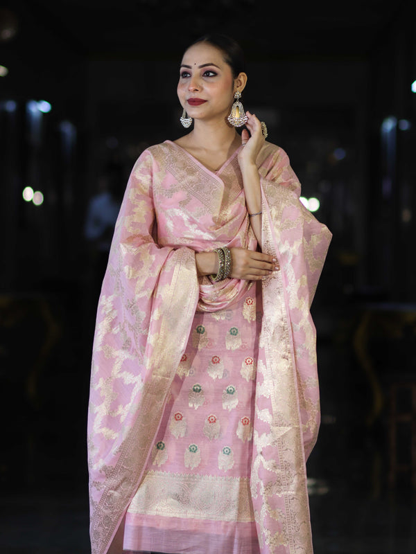 Banarasee Cotton Silk Zari Work Salwar Kameez Fabric With Jaal Design Dupatta Set-Light Pink