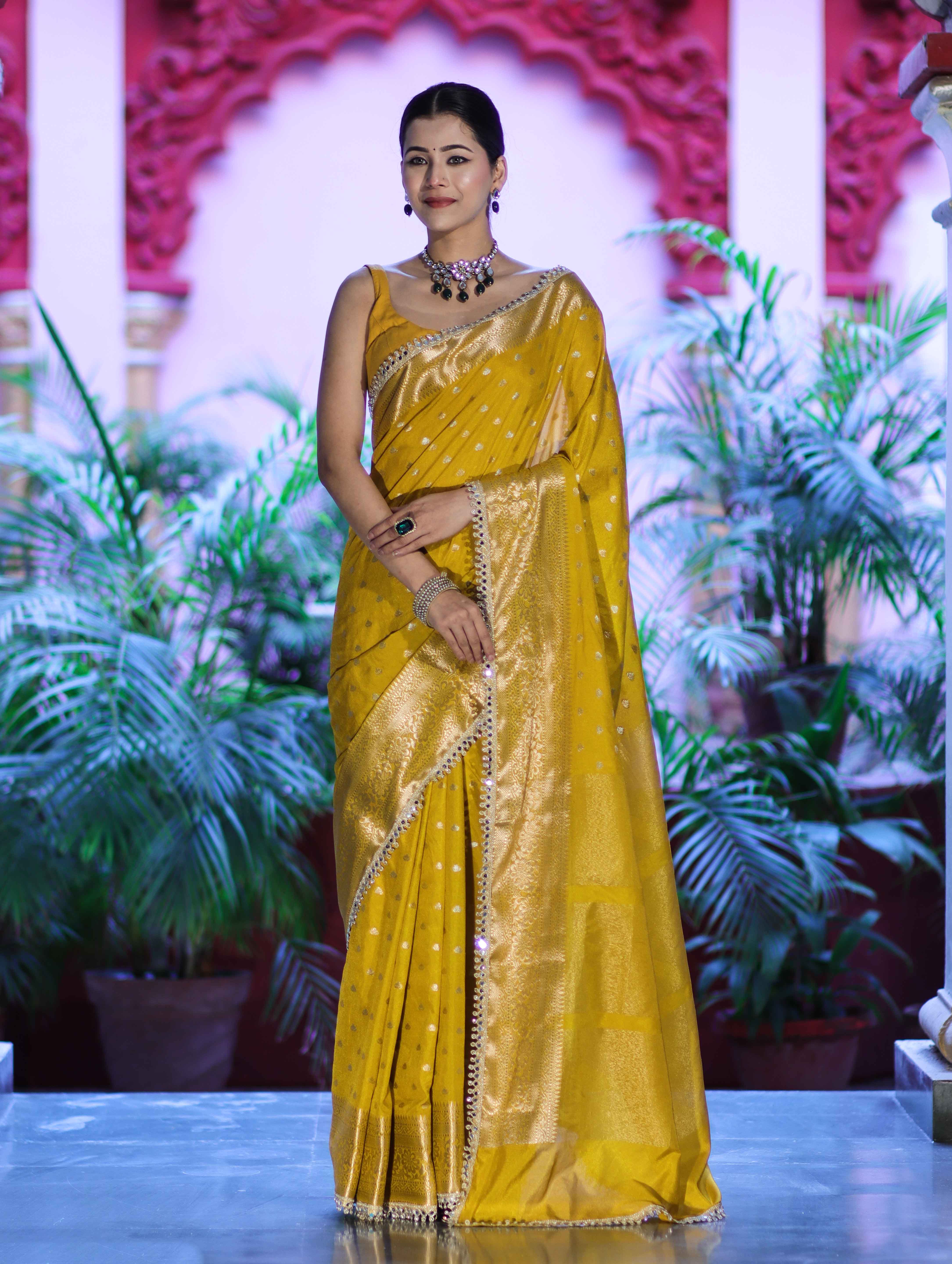 Banarasee Handloom Semi Silk Saree With Zari Buti Design & Lace Border-Yellow