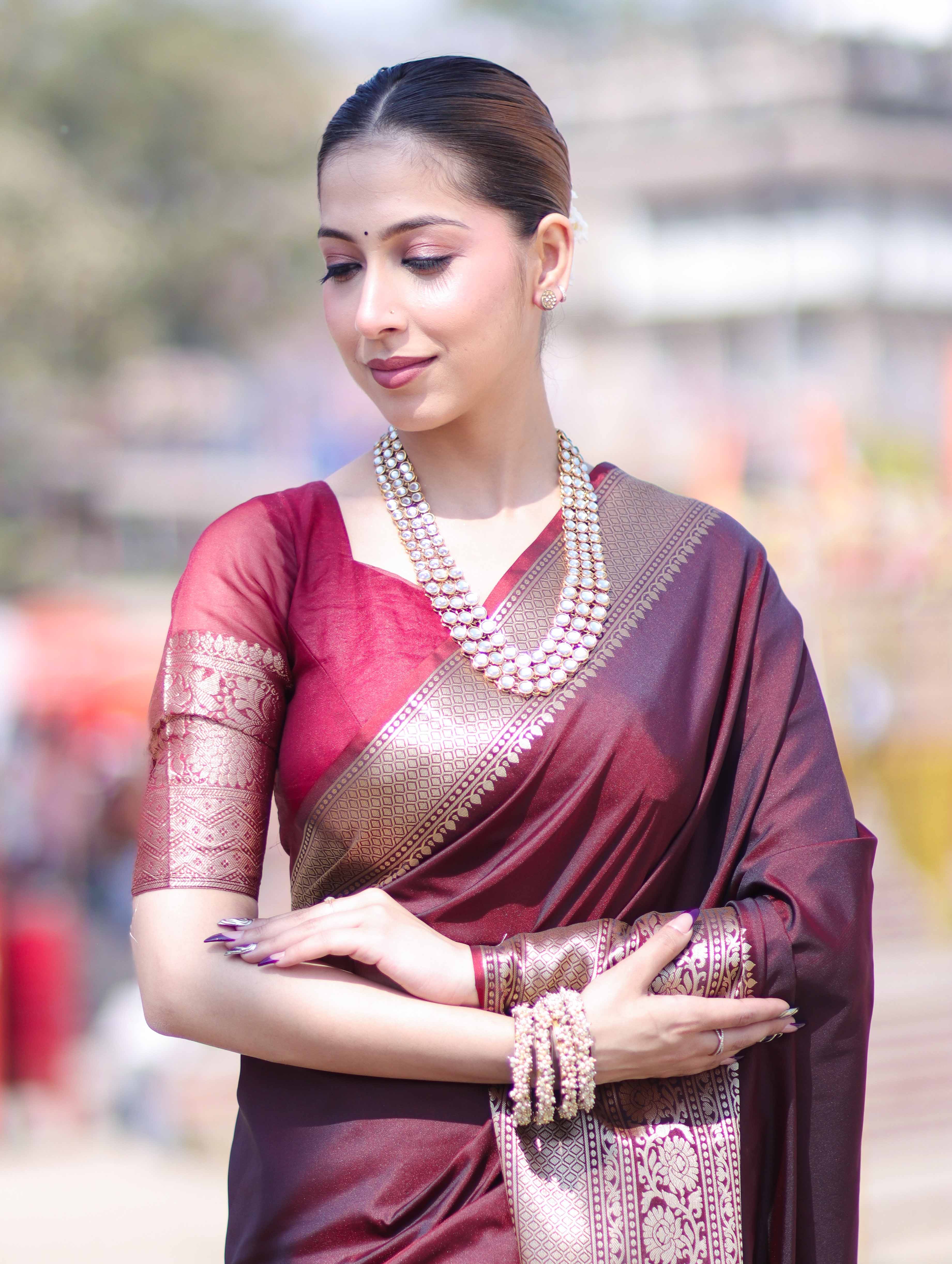 Banarasee Handloom Semi Silk Plain Saree With Broad Zari Border-Deep Maroon