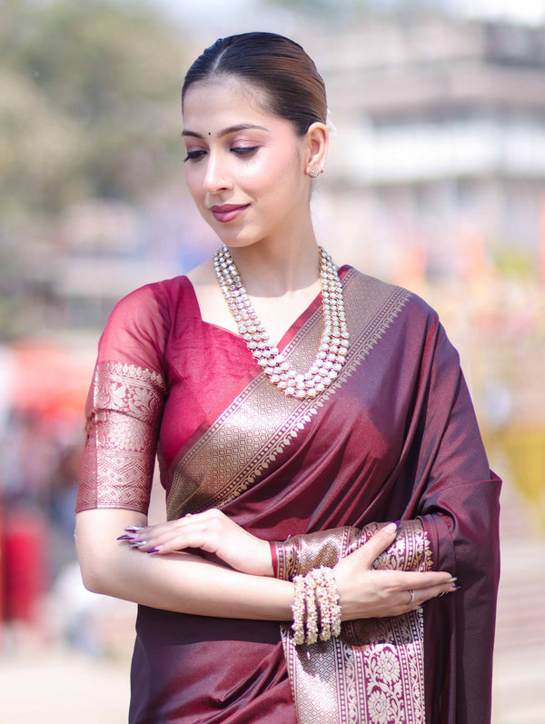 Banarasee Handloom Semi Silk Plain Saree With Broad Zari Border-Deep Maroon