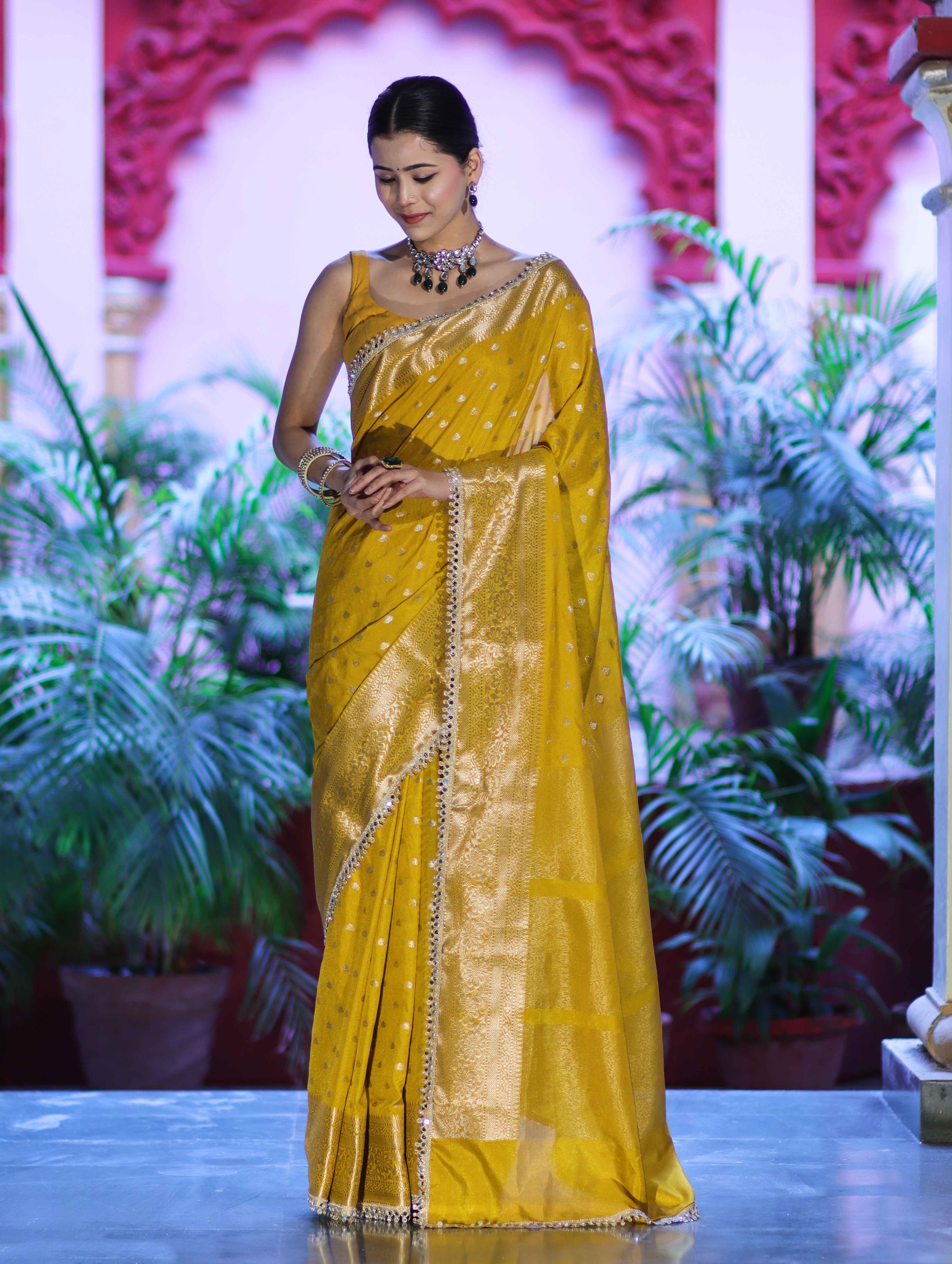 Banarasee Handloom Semi Silk Saree With Zari Buti Design & Lace Border-Yellow