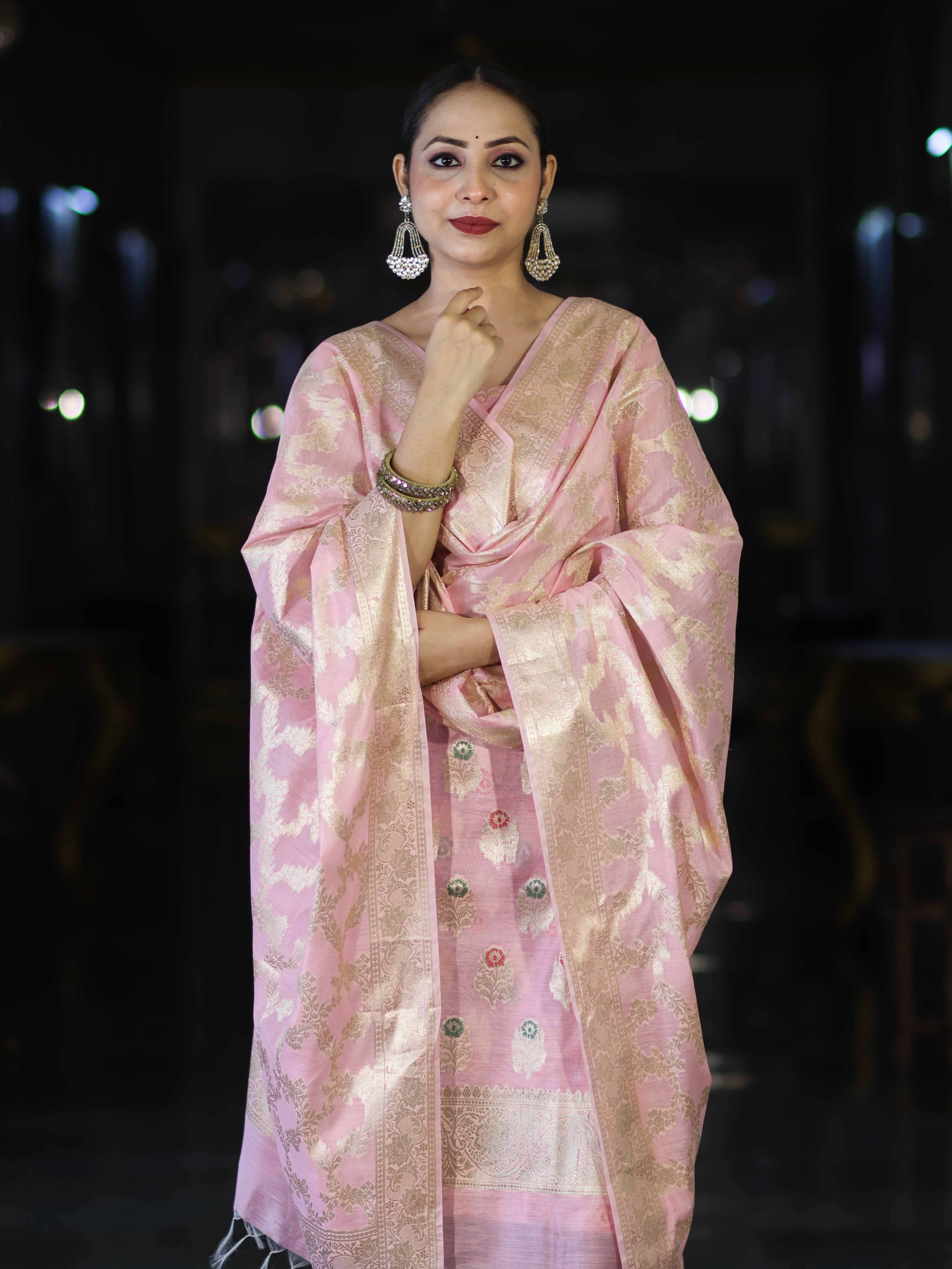 Banarasee Cotton Silk Zari Work Salwar Kameez Fabric With Jaal Design Dupatta Set-Light Pink