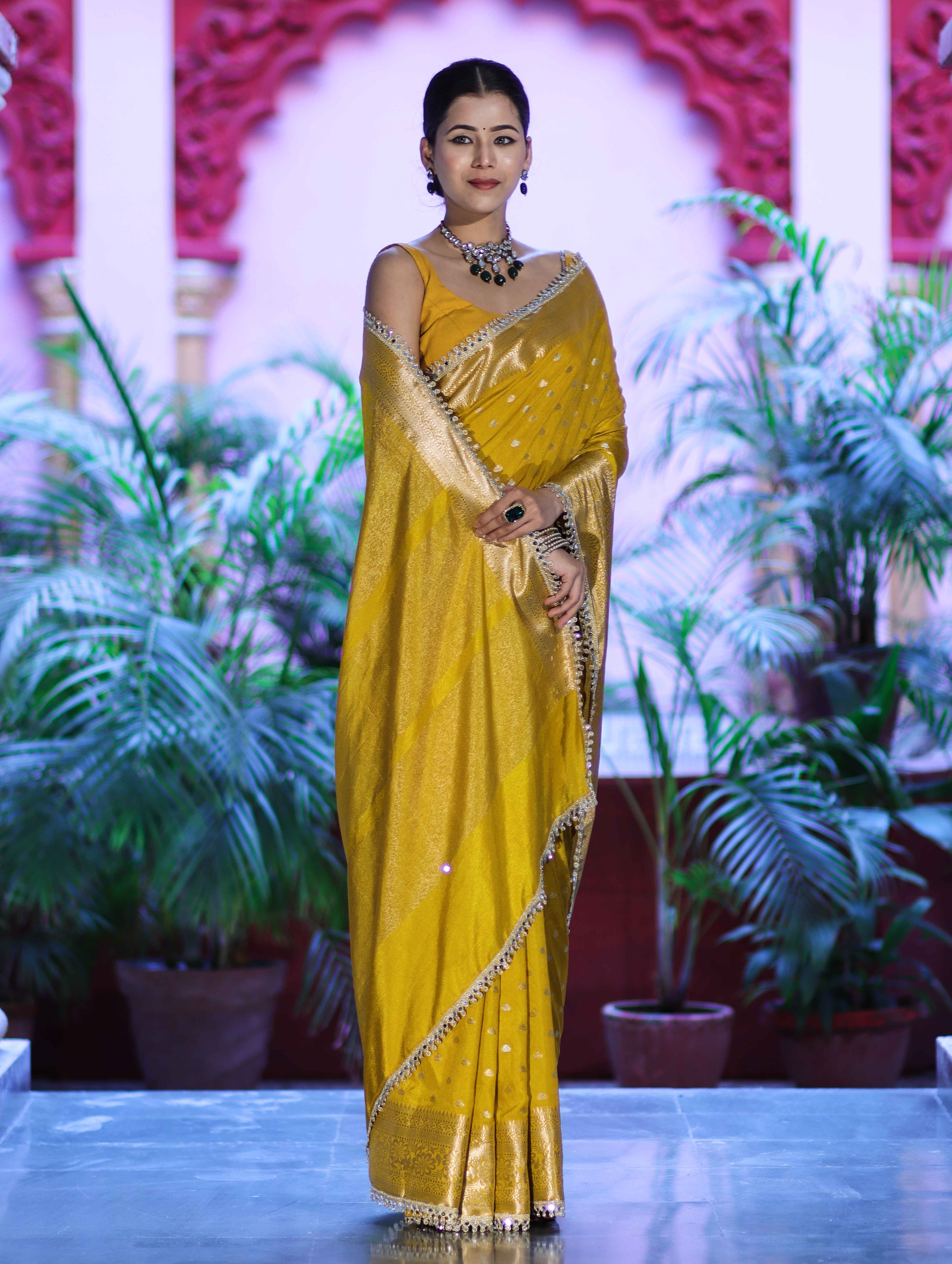 Banarasee Handloom Semi Silk Saree With Zari Buti Design & Lace Border-Yellow