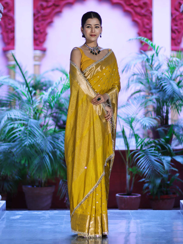 Banarasee Handloom Semi Silk Saree With Zari Buti Design & Lace Border-Yellow