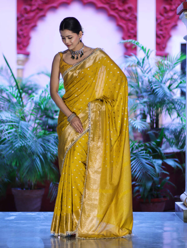 Banarasee Handloom Semi Silk Saree With Zari Buti Design & Lace Border-Yellow