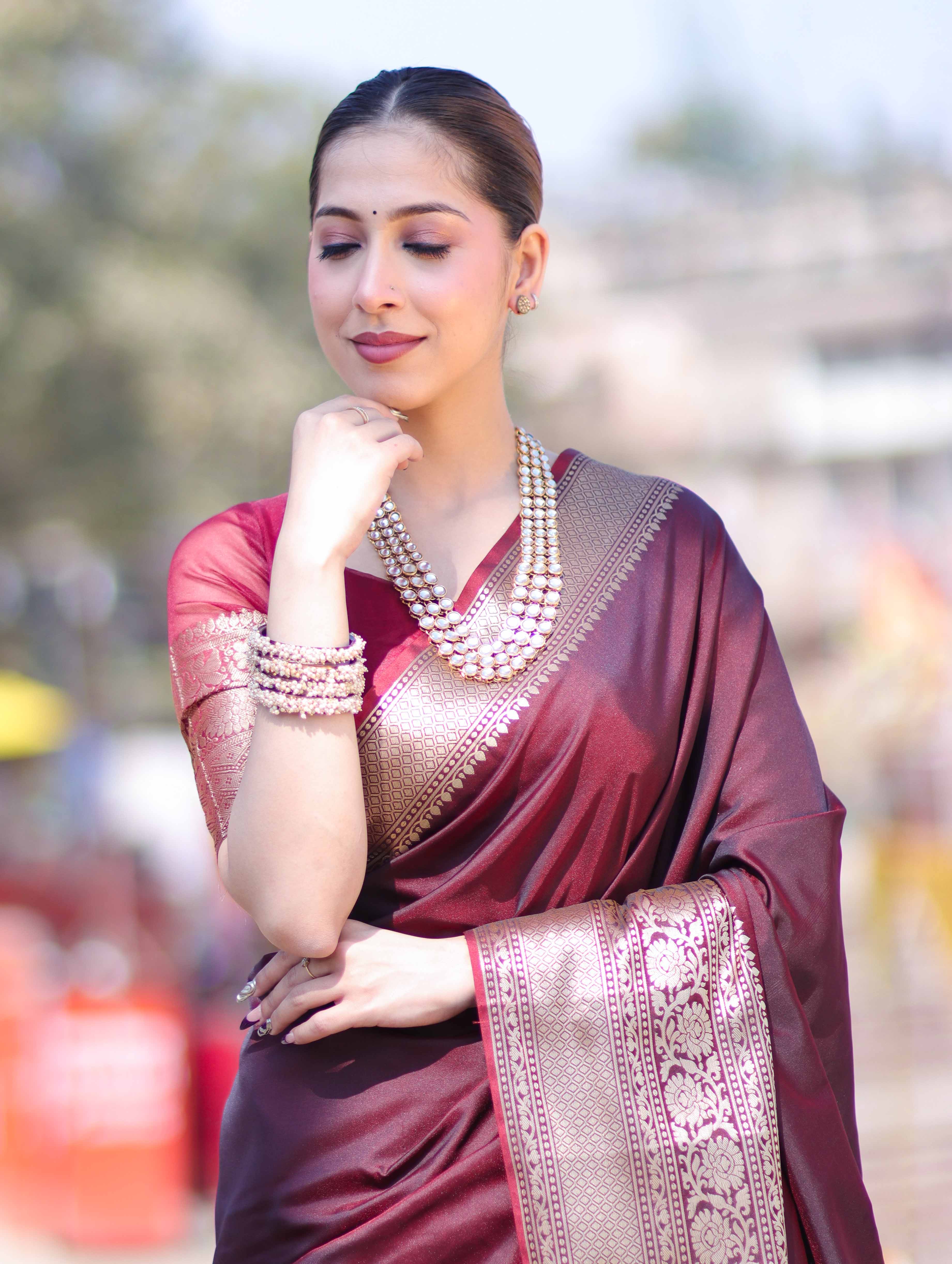 Banarasee Handloom Semi Silk Plain Saree With Broad Zari Border-Deep Maroon