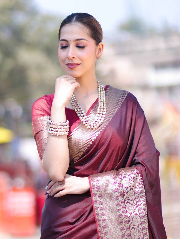 Banarasee Handloom Semi Silk Plain Saree With Broad Zari Border-Deep Maroon