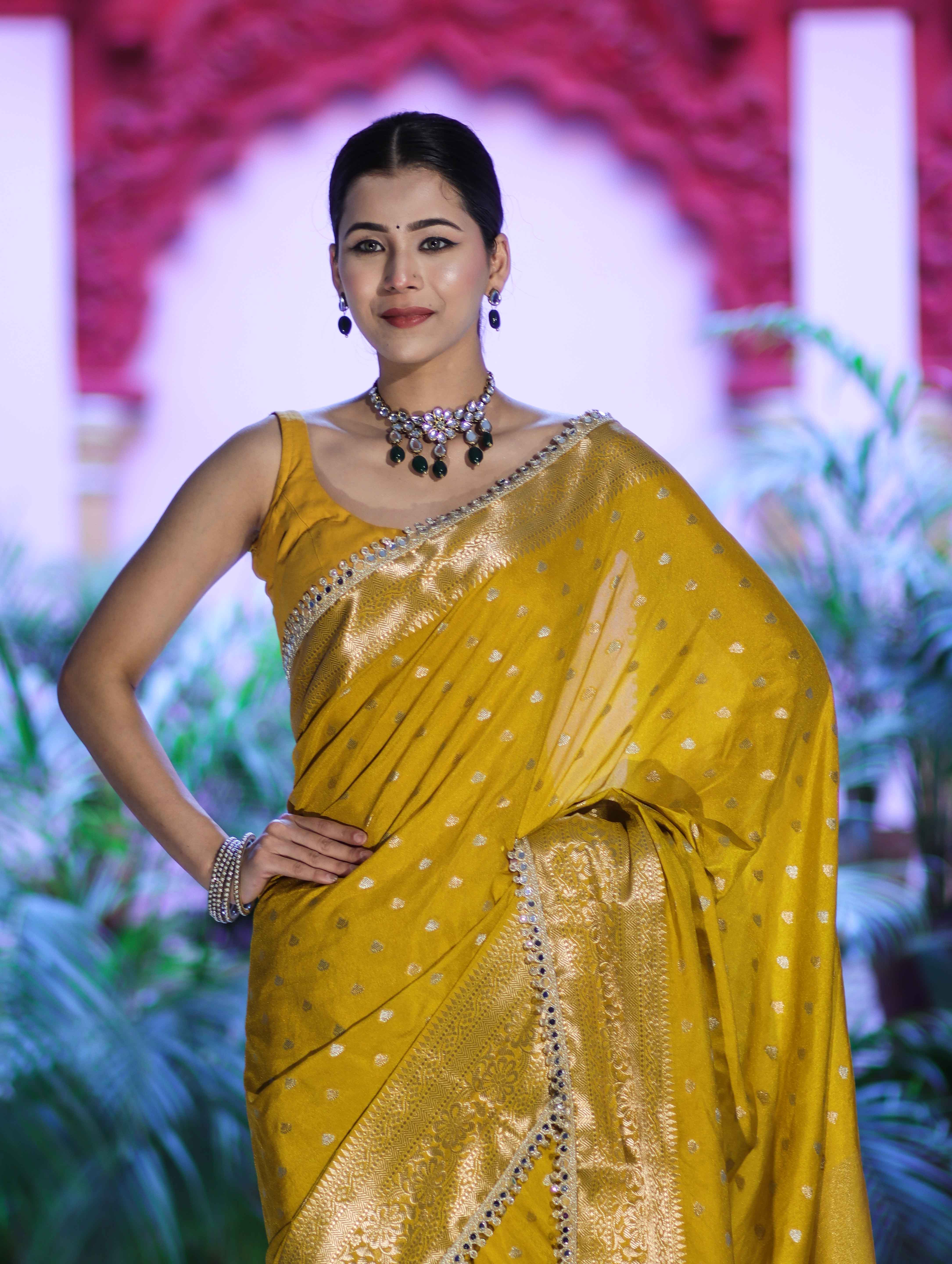 Banarasee Handloom Semi Silk Saree With Zari Buti Design & Lace Border-Yellow