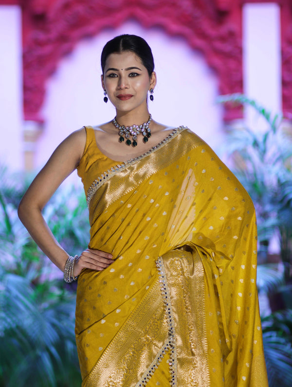 Banarasee Handloom Semi Silk Saree With Zari Buti Design & Lace Border-Yellow