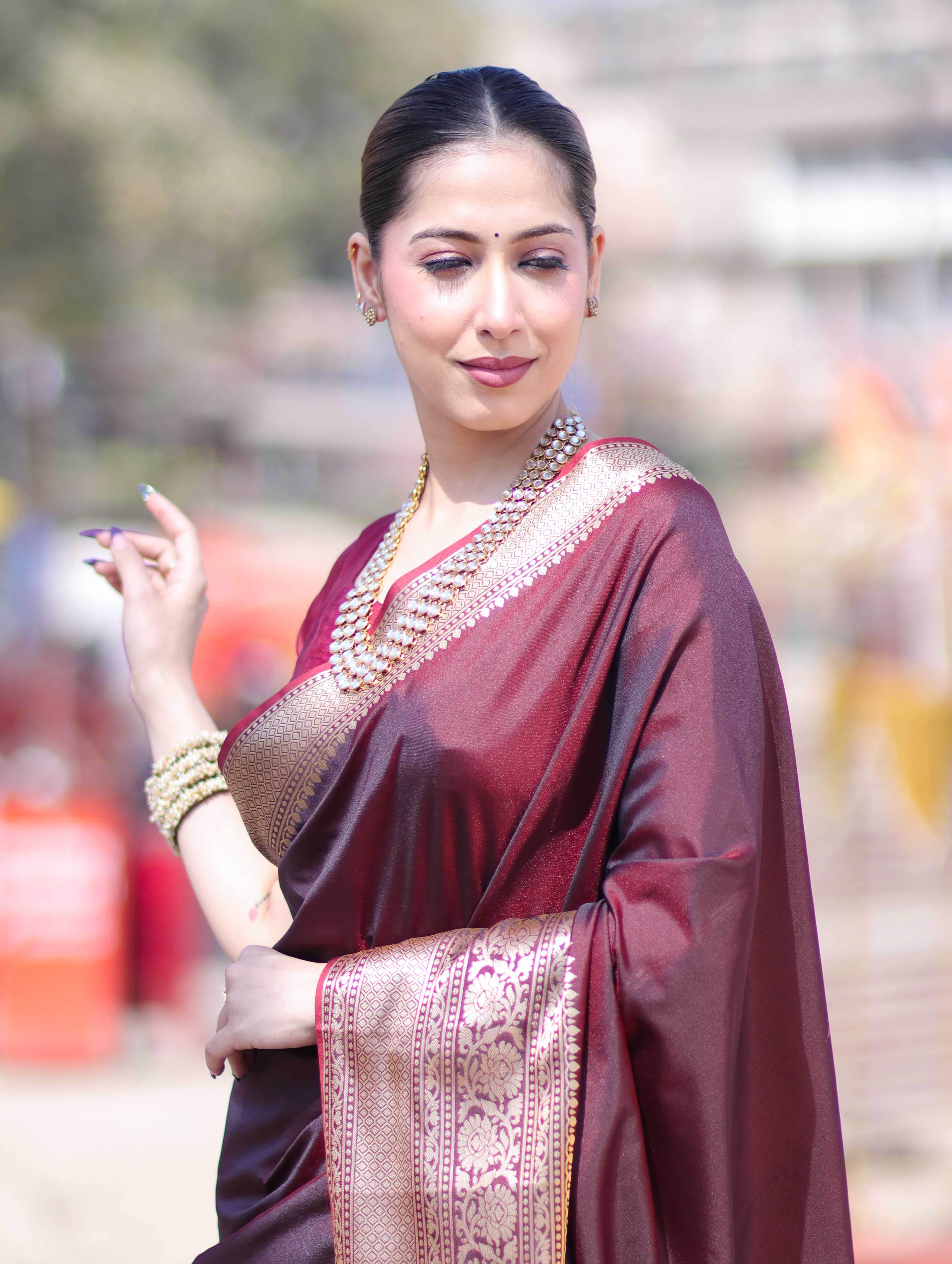 Banarasee Handloom Semi Silk Plain Saree With Broad Zari Border-Deep Maroon