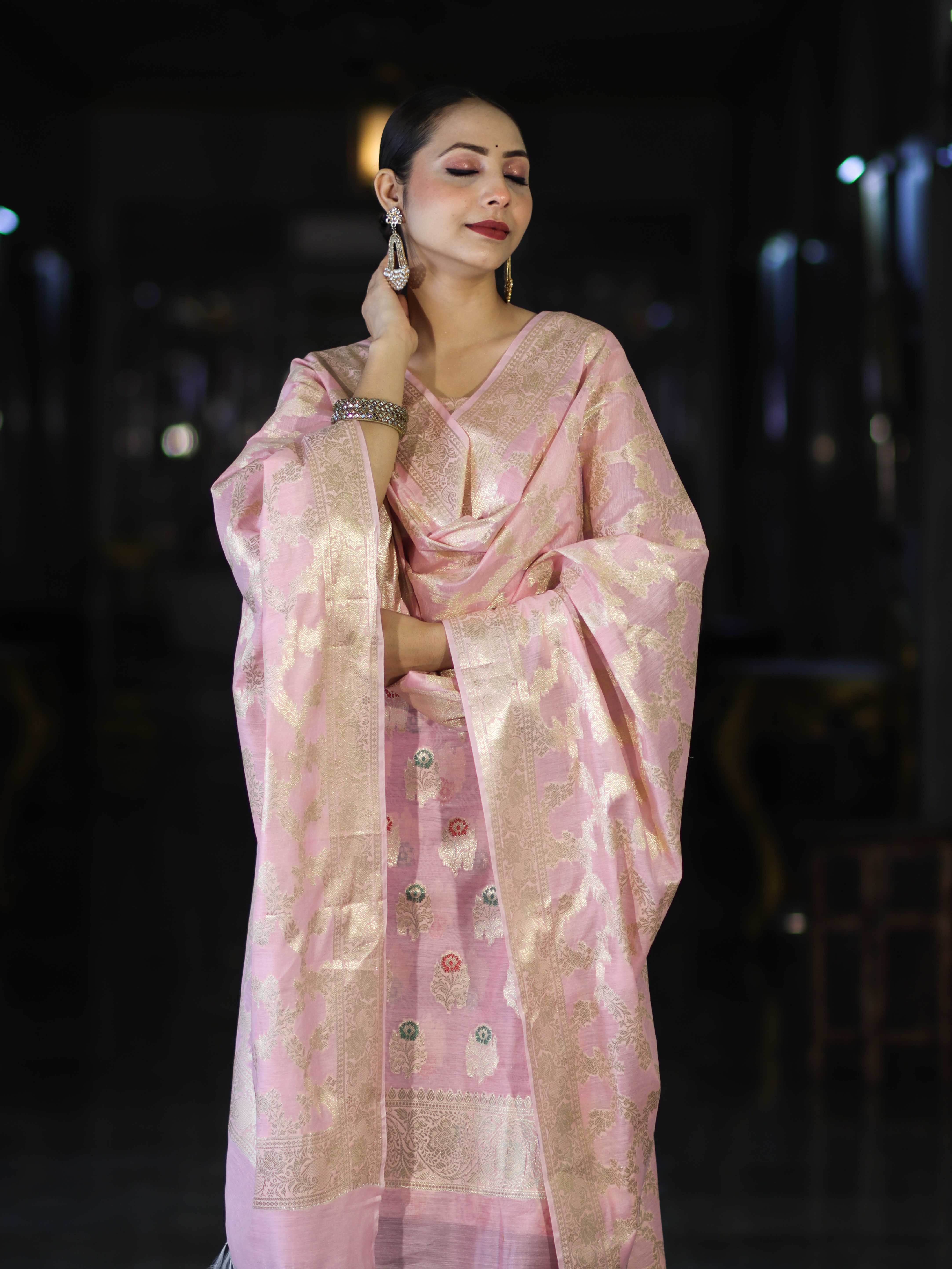 Banarasee Cotton Silk Zari Work Salwar Kameez Fabric With Jaal Design Dupatta Set-Light Pink