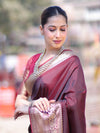 Banarasee Handloom Semi Silk Plain Saree With Broad Zari Border-Deep Maroon