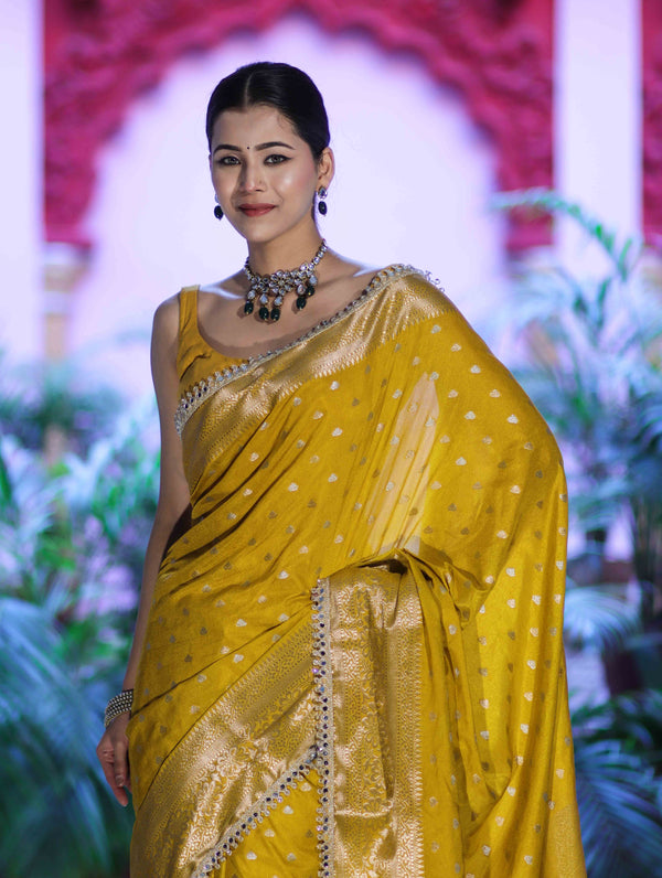 Banarasee Handloom Semi Silk Saree With Zari Buti Design & Lace Border-Yellow