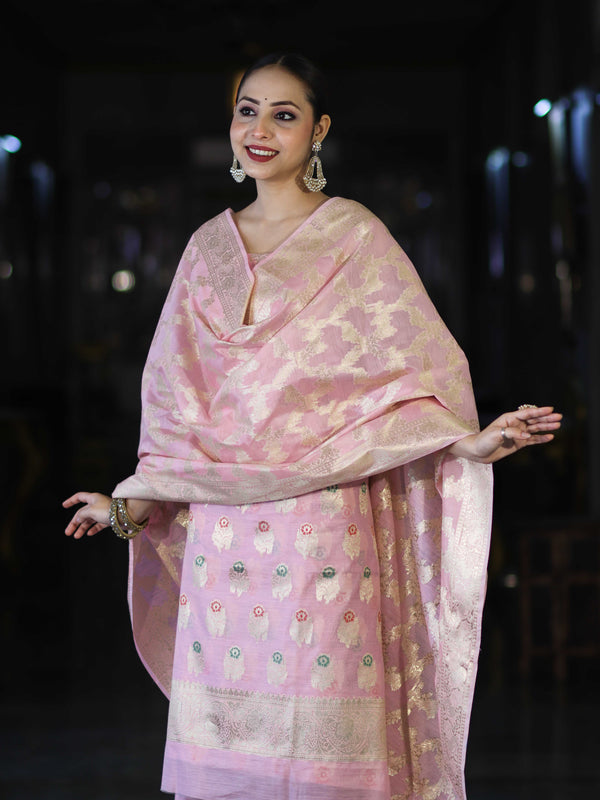 Banarasee Cotton Silk Zari Work Salwar Kameez Fabric With Jaal Design Dupatta Set-Light Pink