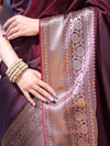 Banarasee Handloom Semi Silk Plain Saree With Broad Zari Border-Deep Maroon