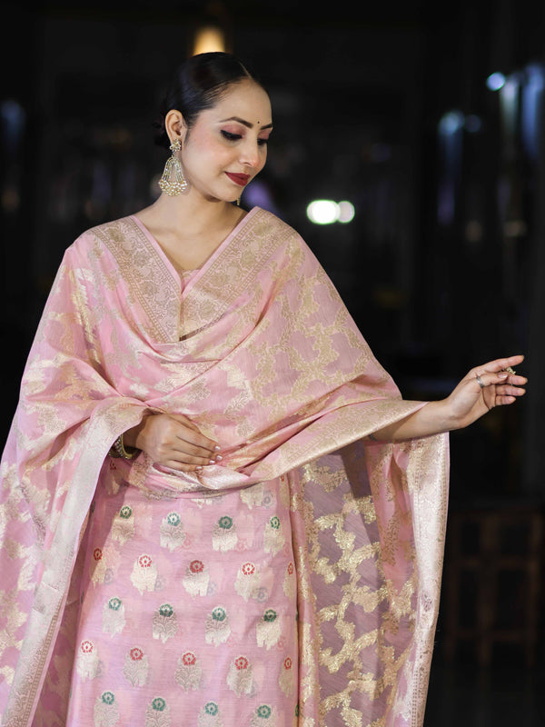 Banarasee Cotton Silk Zari Work Salwar Kameez Fabric With Jaal Design Dupatta Set-Light Pink