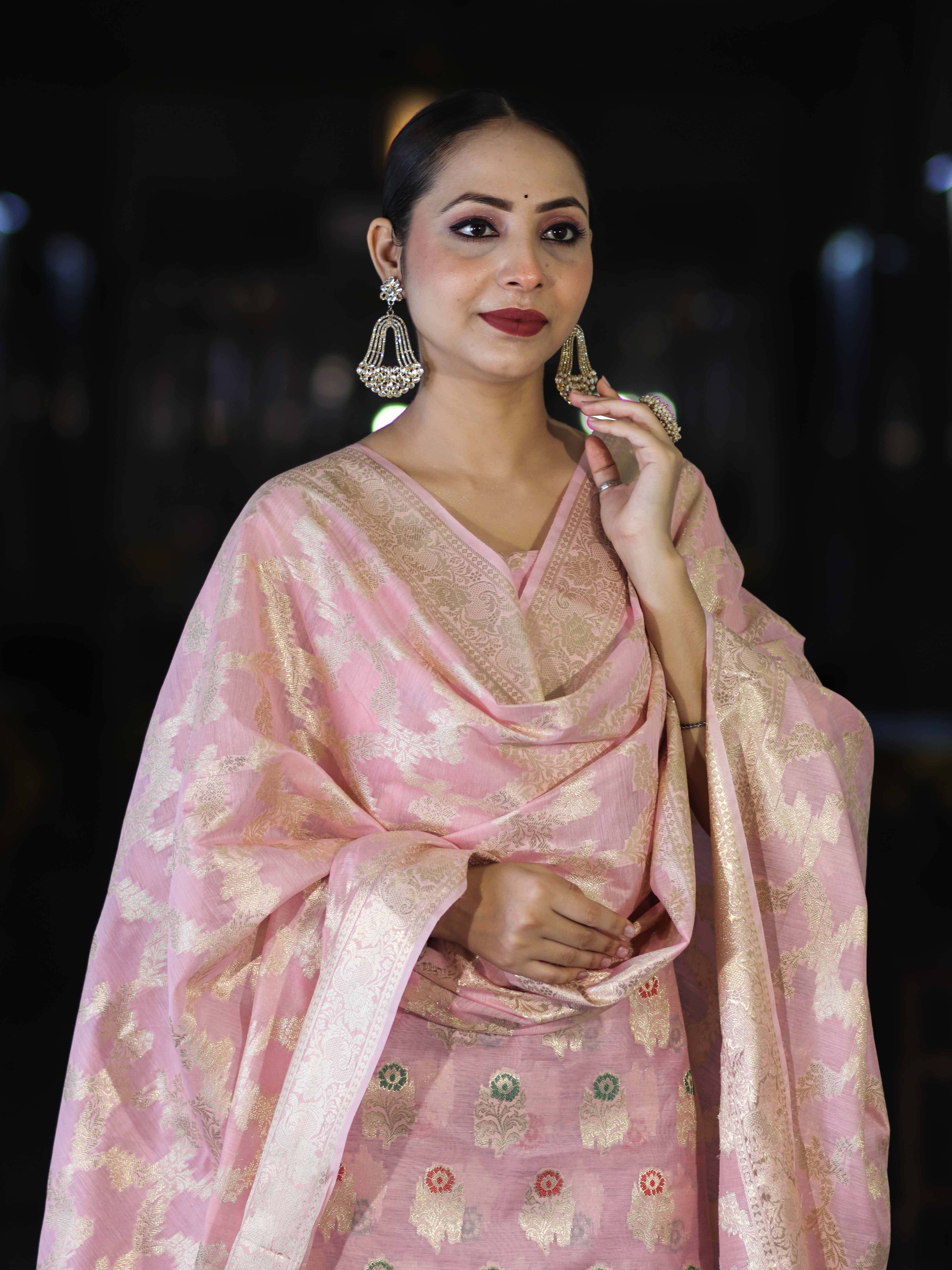 Banarasee Cotton Silk Zari Work Salwar Kameez Fabric With Jaal Design Dupatta Set-Light Pink