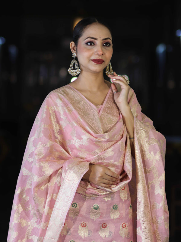 Banarasee Cotton Silk Zari Work Salwar Kameez Fabric With Jaal Design Dupatta Set-Light Pink